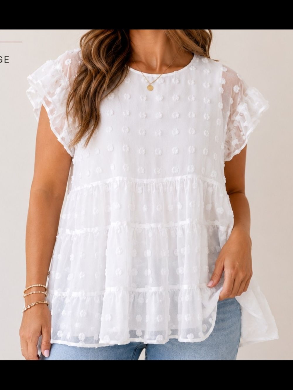 Andrée by Unit White Swiss Dot Tiered Babydoll Blouse Size Large Sheer Ruffle
